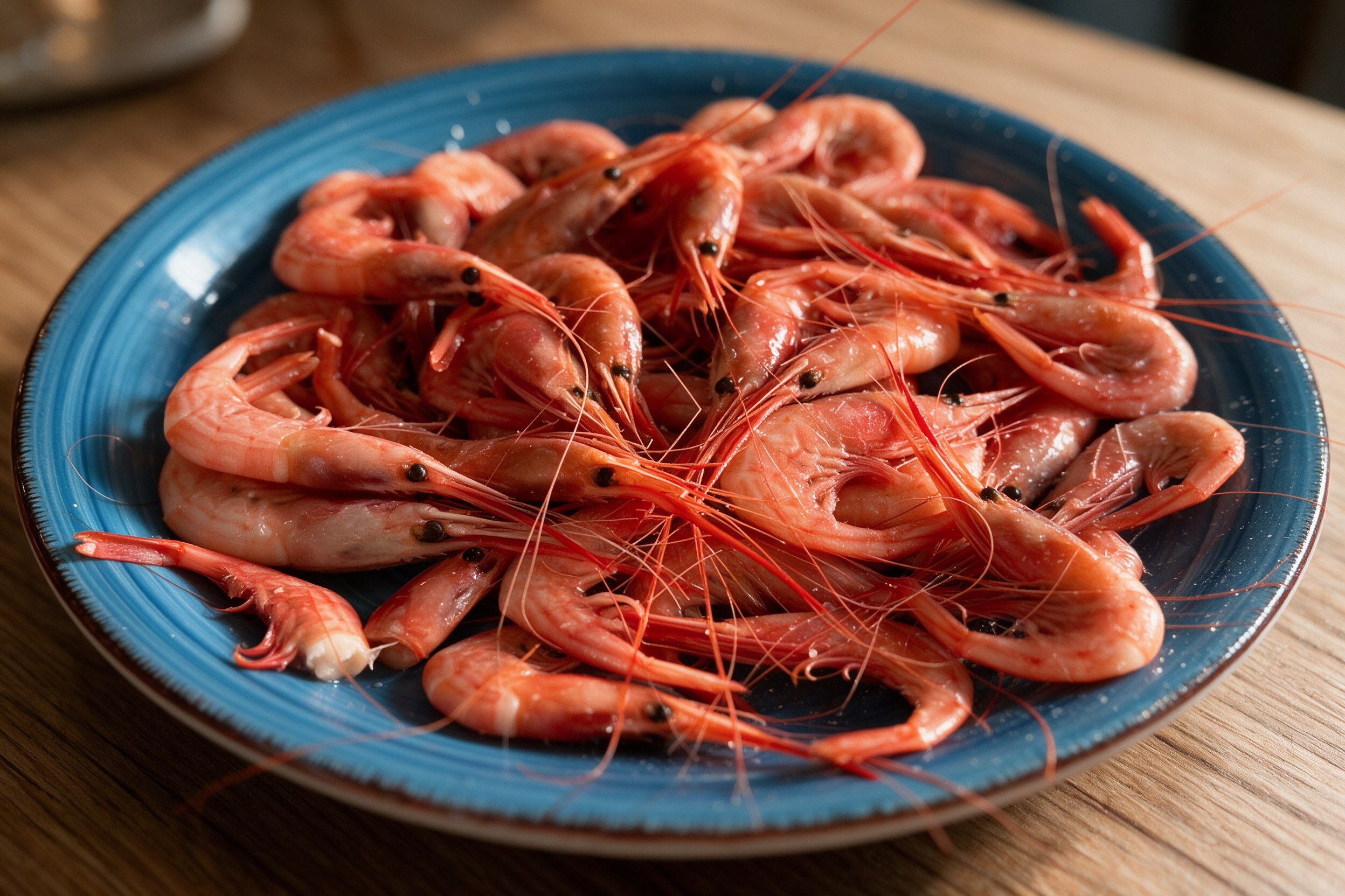 Plato azul rebosante de gambas rojas frescas sobre mesa de madera
