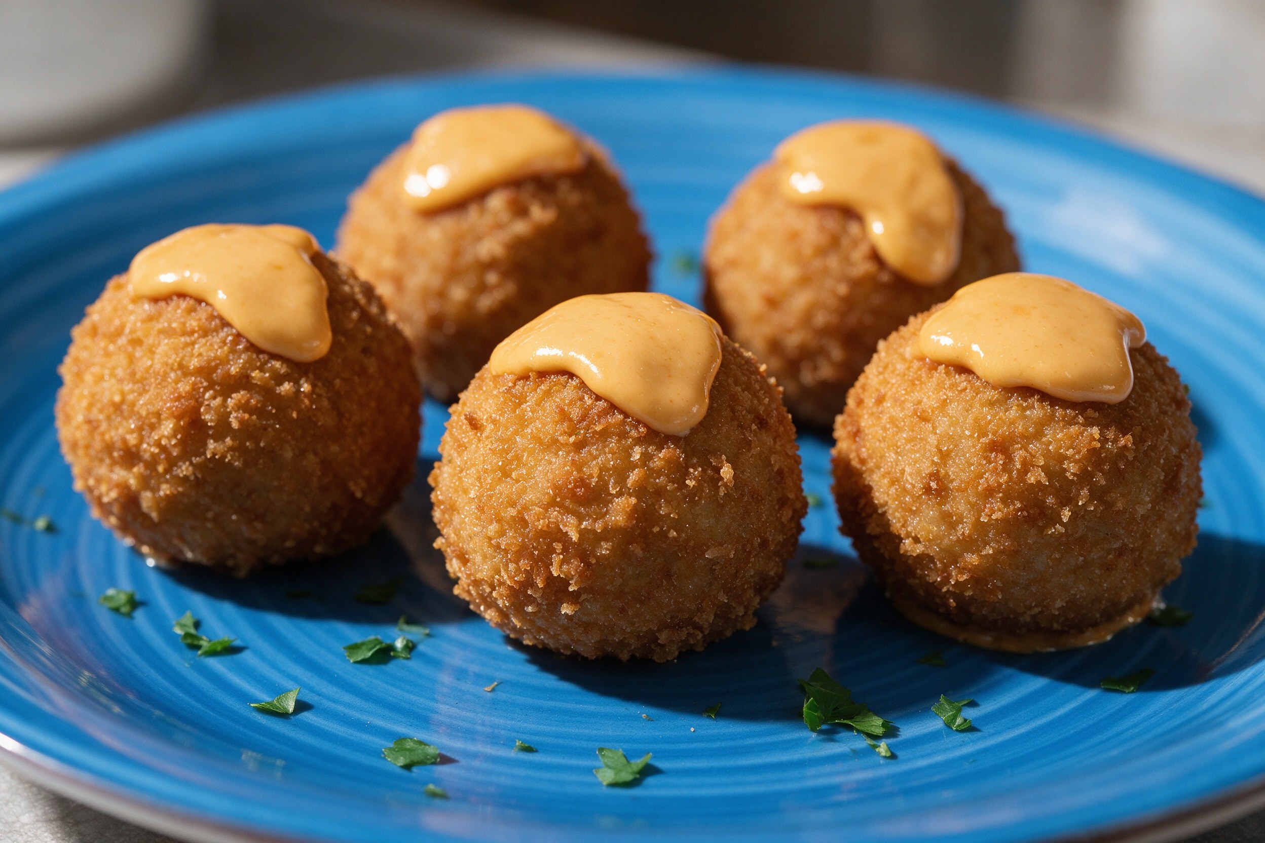 Croquetas caseras doradas con salsa naranja en plato azul