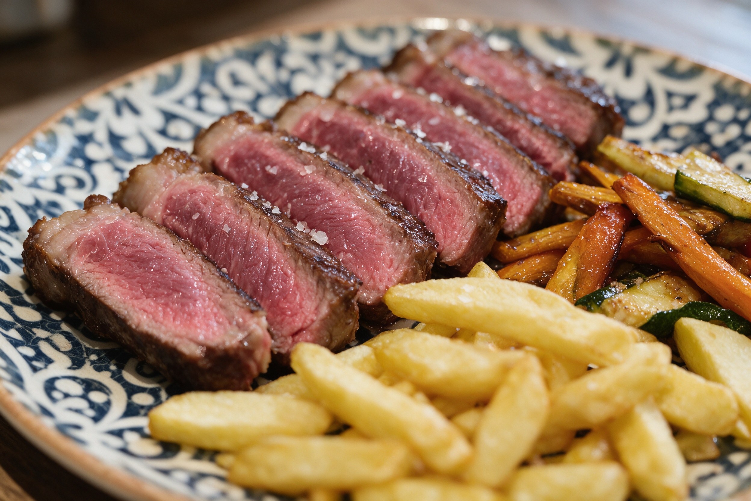 Solomillo a la brasa cortado con centro rosa, verduras asadas y patatas