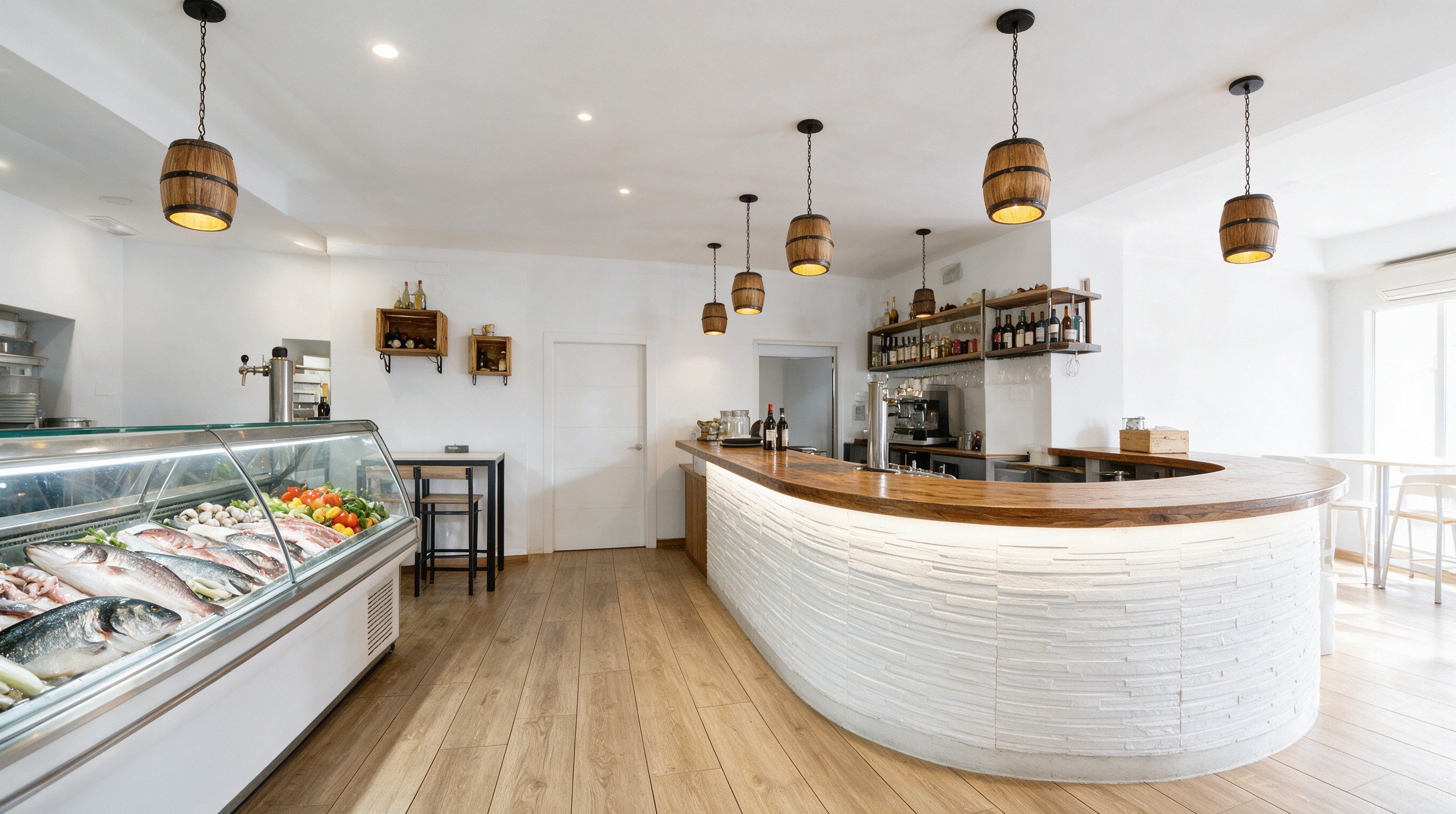 Interior luminoso de taberna con barra de madera curva y vitrina de pescado fresco